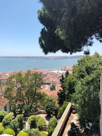 High angle view of townscape by sea against sky