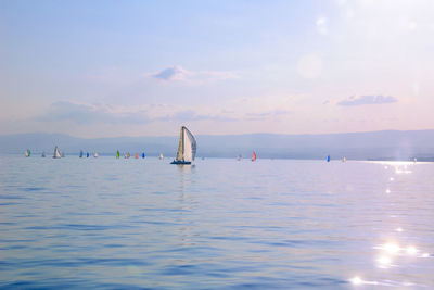 Sailboats sailing in sea against sky during sunset