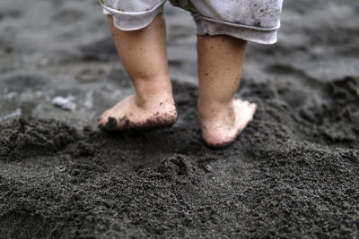 Low section of child standing on beach