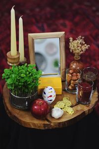 High angle view of christmas decorations on table