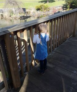 Rear view of girl standing on railing