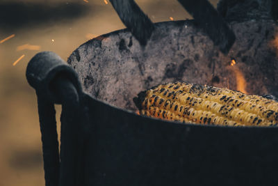 High angle view of meat on barbecue grill