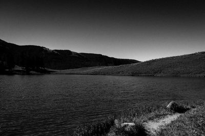 Scenic view of lake and mountains against clear sky