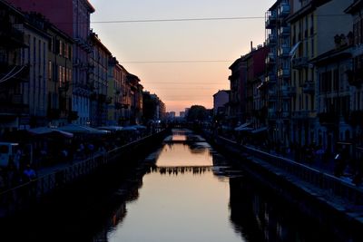 Reflection of buildings in water at sunset