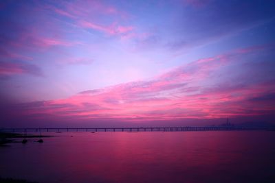 View of bridge over calm sea at sunset