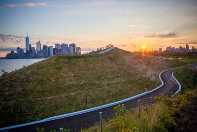 View of cityscape at sunset