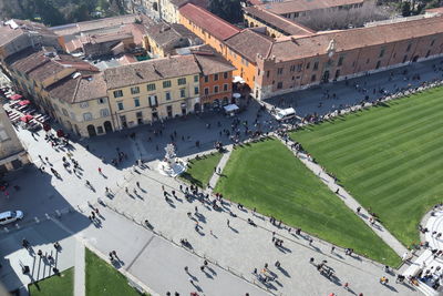 High angle view of people on town square