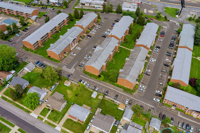 High angle view of street amidst buildings in city