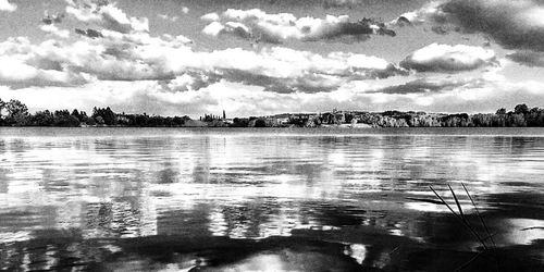 Scenic view of lake against cloudy sky