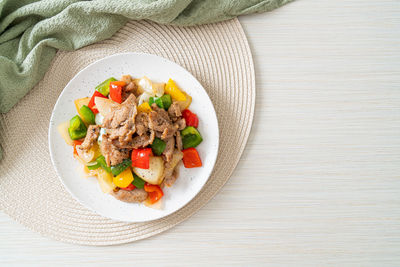 High angle view of food in plate on table