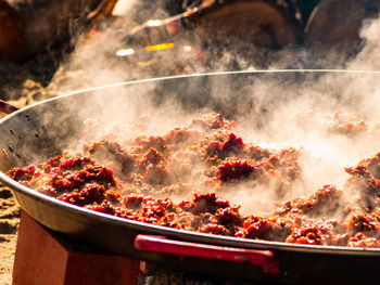 High angle view of food on barbecue grill