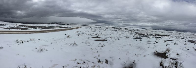 Scenic view of snow covered landscape against sky