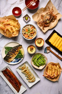 High angle view of food served on table