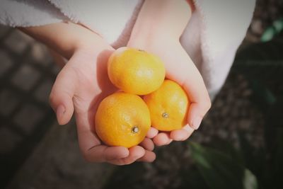 Close-up of hand holding orange