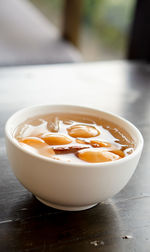 Close-up of soup in bowl on table