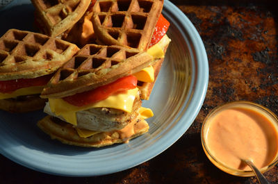 High angle view of breakfast on table