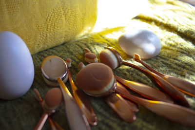 Close-up of makeup brushes on the fabric