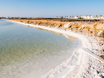 Scenic view of beach against clear sky