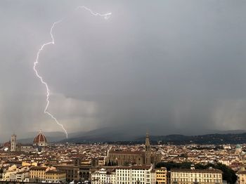 Panoramic view of lightning over city against sky