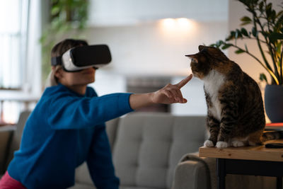 Young woman in blue sweater tries to touch domestic cat with finger wearing vr glasses in room