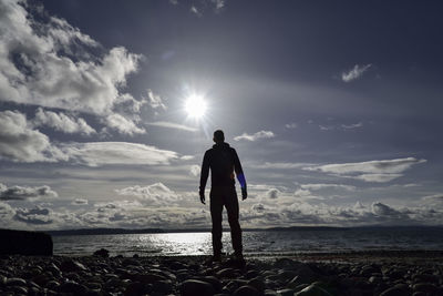 Silhouette man standing on shore against sky during sunny day