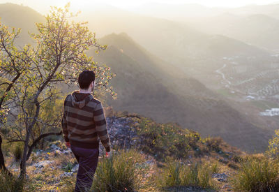 Rear view of man looking at mountains