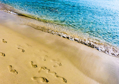 High angle view of footprints on beach