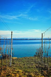 Scenic view of sea against blue sky