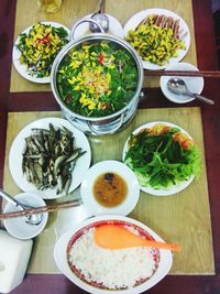 High angle view of meal served on table