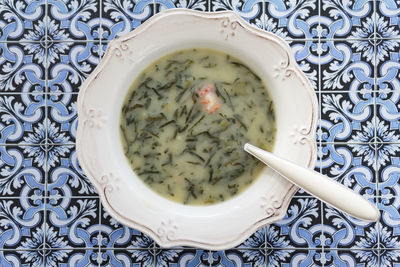 High angle view of soup in bowl