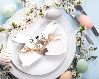 High angle view of white roses in plate on table