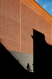 Silhouette man riding bicycle on building
