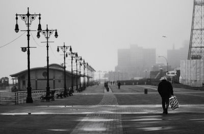 Rear view of man on promenade against sky