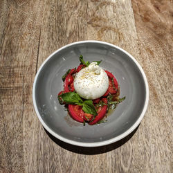 High angle view of meal served on table