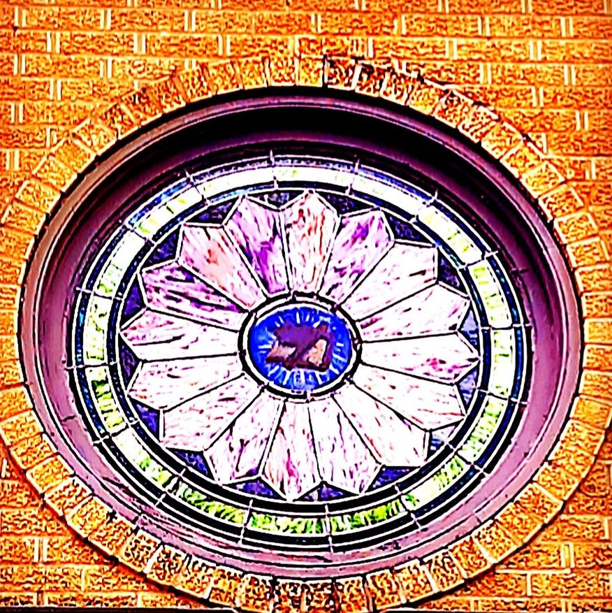 art and craft, no people, pattern, architecture, indoors, multi colored, built structure, ceiling, full frame, geometric shape, circle, design, close-up, glass, creativity, shape, backgrounds, craft, day, representation, ornate, purple, mural, floral pattern, directly below