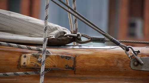 Close-up of rope tied to bollard