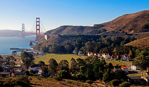 View of suspension bridge over water