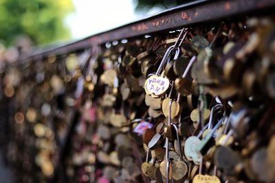 Close-up of padlocks on metal