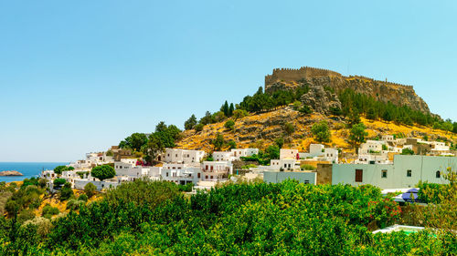 View of townscape against clear blue sky