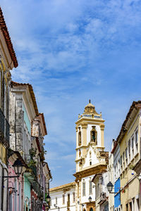 Church tower between the colorful houses in the famous pelourinho neighborhood in salvador bahia