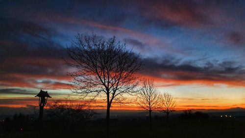 Silhouette bare tree against dramatic sky during sunset