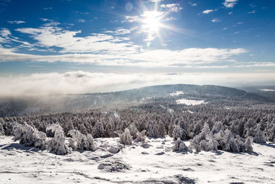 Scenic view of snow covered landscape against sky