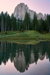 Scenic view of lake by trees against sky