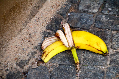 High angle view of yellow leaf on ground