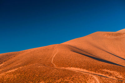 Scenic view of desert against clear blue sky