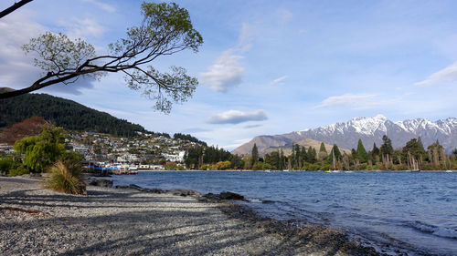 Scenic view of sea and mountains against sky