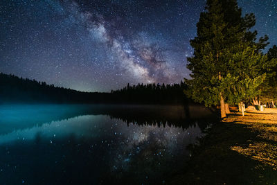 Scenic view of milky way core reflecting onto pond