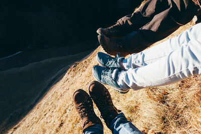 Low section of friends sitting on grassy land