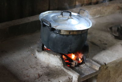 High angle view of food on barbecue grill