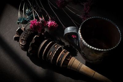 High angle view of flowering plants on table